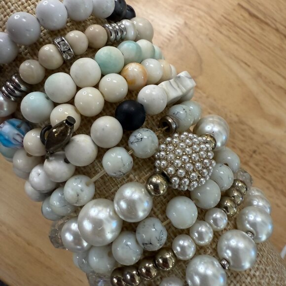 White Beaded Stretch Bracelet Stack Set Of 10 For Women Wearable Or Craft - Picture 9 of 13